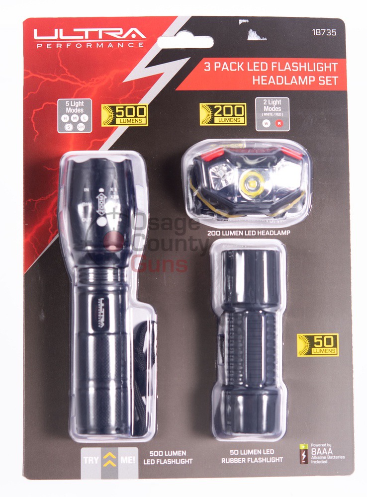 Ultra Performance 3 Pk LED Flashlight Headlamp Set