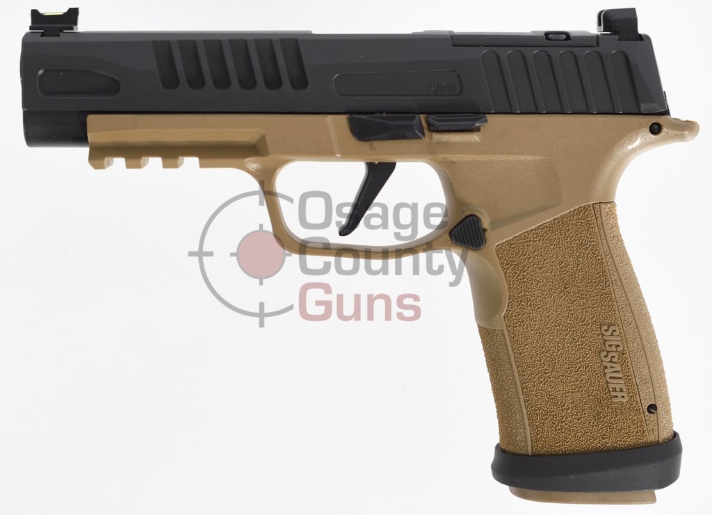 SIG P365, 9MM, 4.3IN, X-SERIES, REV 2-TONE COY, STRIKER, FIBER OPT FRONT W/ BLK REAR, POLY GRIP, (1) 17RD (2) 21RD MAG, MW