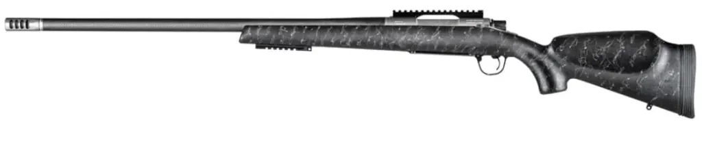 Christensen Arms Traverse  - 28 Nos - 26 In - Carbon Fiber Brl - Stainless Steel Rec - Black with Gray webbing Stk