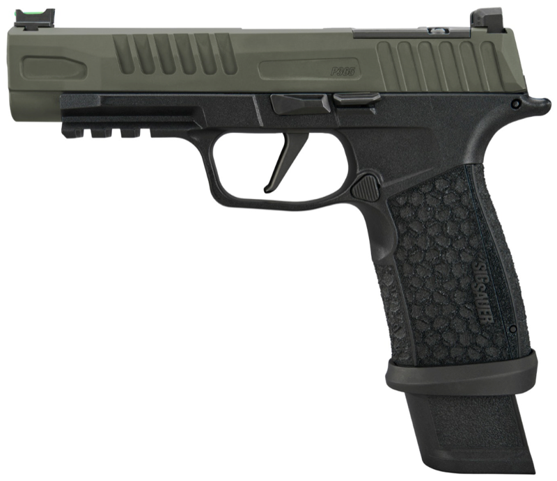 Sig Sauer P365, 9MM, 4.3IN, MOSS GREEN, STRIKER, FIBER OPT FRONT W/ BLK REAR, LXG GRIP, (1) 17RD (2) 21RD MAG, OPTIC READY, MW