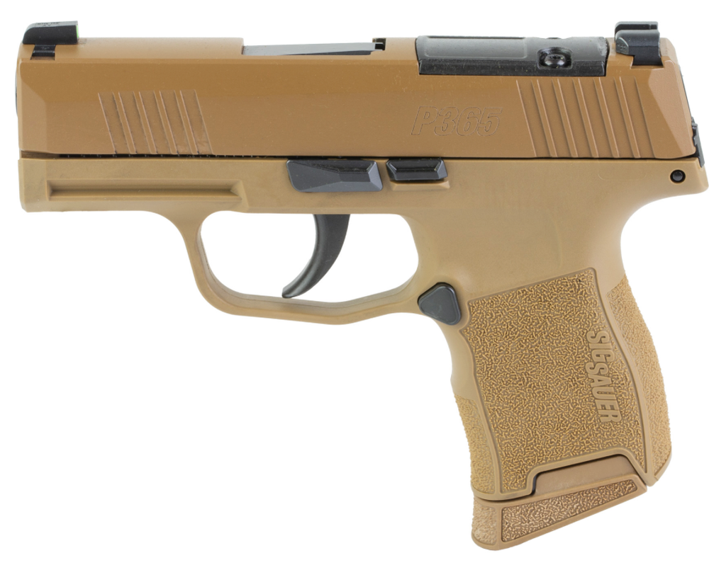 SIG P365, 9MM, 3.1IN, COYOTE, STRIKER, X-RAY 3, POLYMER GRIP, (2) 10RD STEEL MAG, OPTIC READY