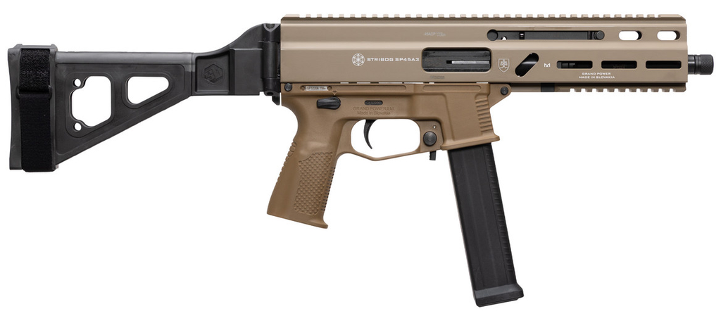 Global Ordnance Grand Power Stribog SP45A3 .45 ACP  8" Sub Pistol SBT Brace FDE