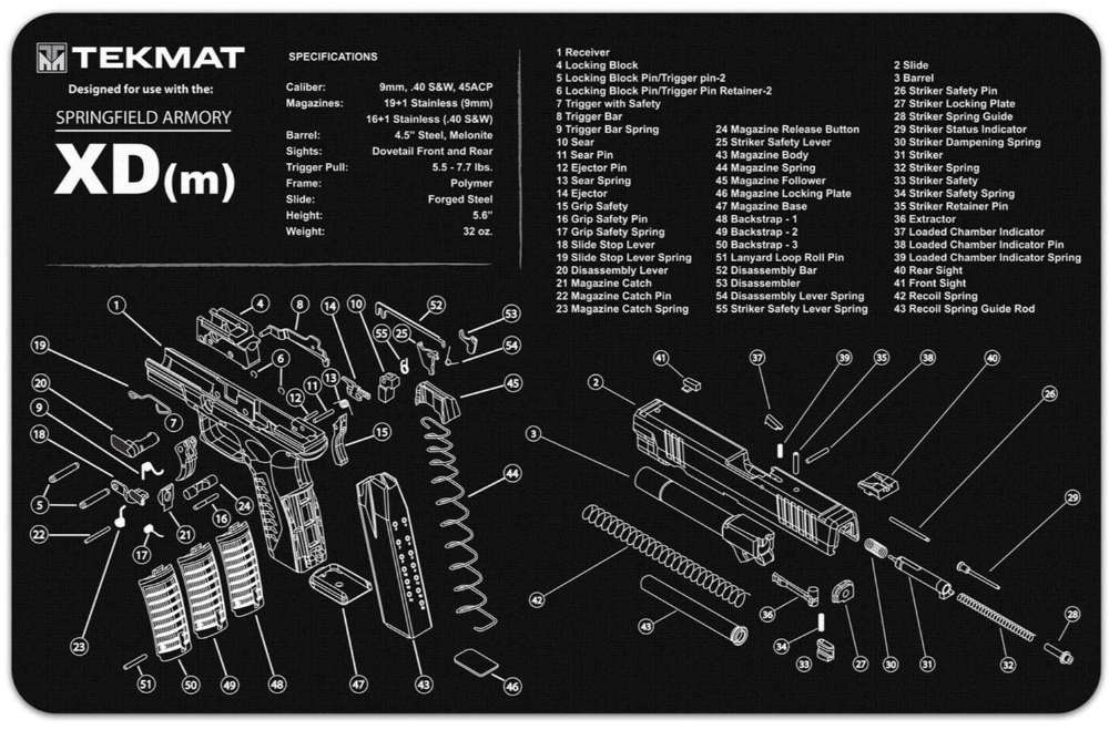 TekMat SpringField XDm Pistol Diagram, 11"x17"