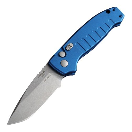 Hogue Ballista-I 3.5" Button Lock Automatic - Drop Point Blade Tumbled Finish Aluminum Frame - Matte Blue
